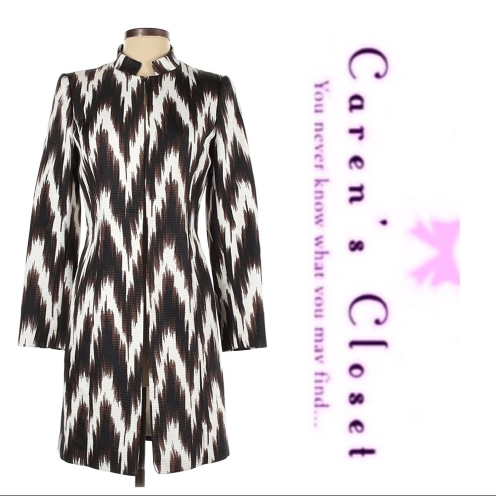 Tahari Chocolate Brown & White Modern Print Long BlazerJacket - Picture 5 of 9